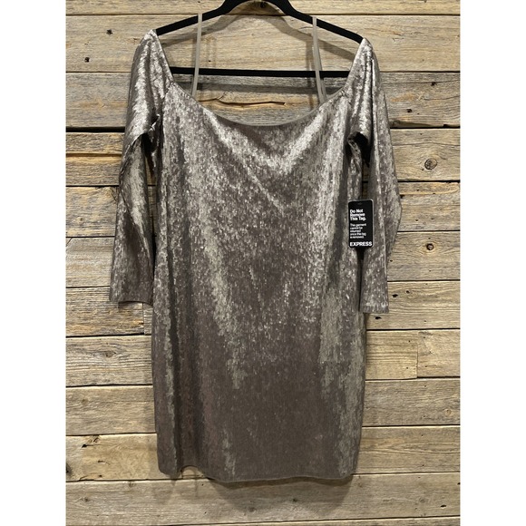 NWT Express Women's Off Shoulder Long Sleeve Sequin Mini Dress Silver Size Large - Picture 1 of 12